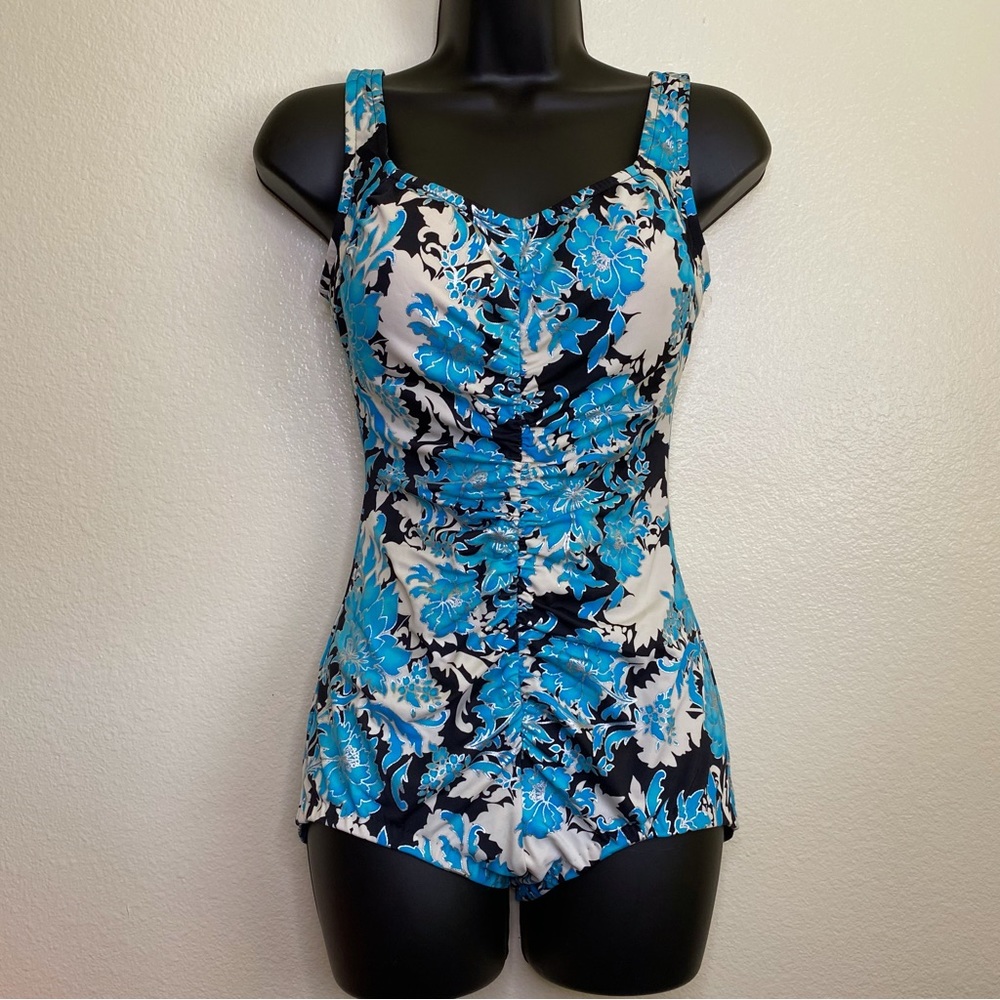 Maxine of Hollywood Blue Floral One Piece Swimsuit Bathing Suit Size 10